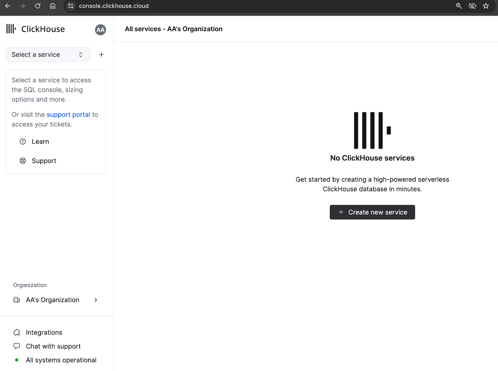 ClickHouse Cloud 신규 서비스 페이지