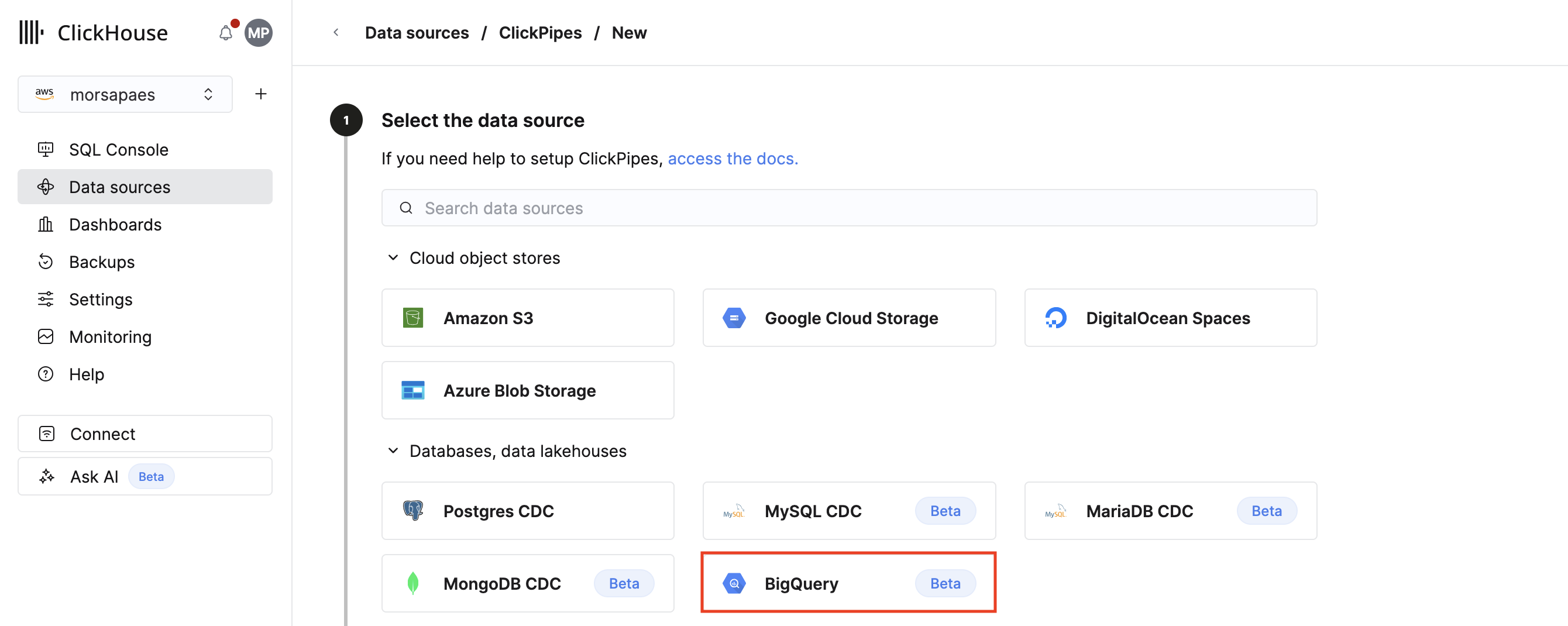 BigQuery 타일 선택