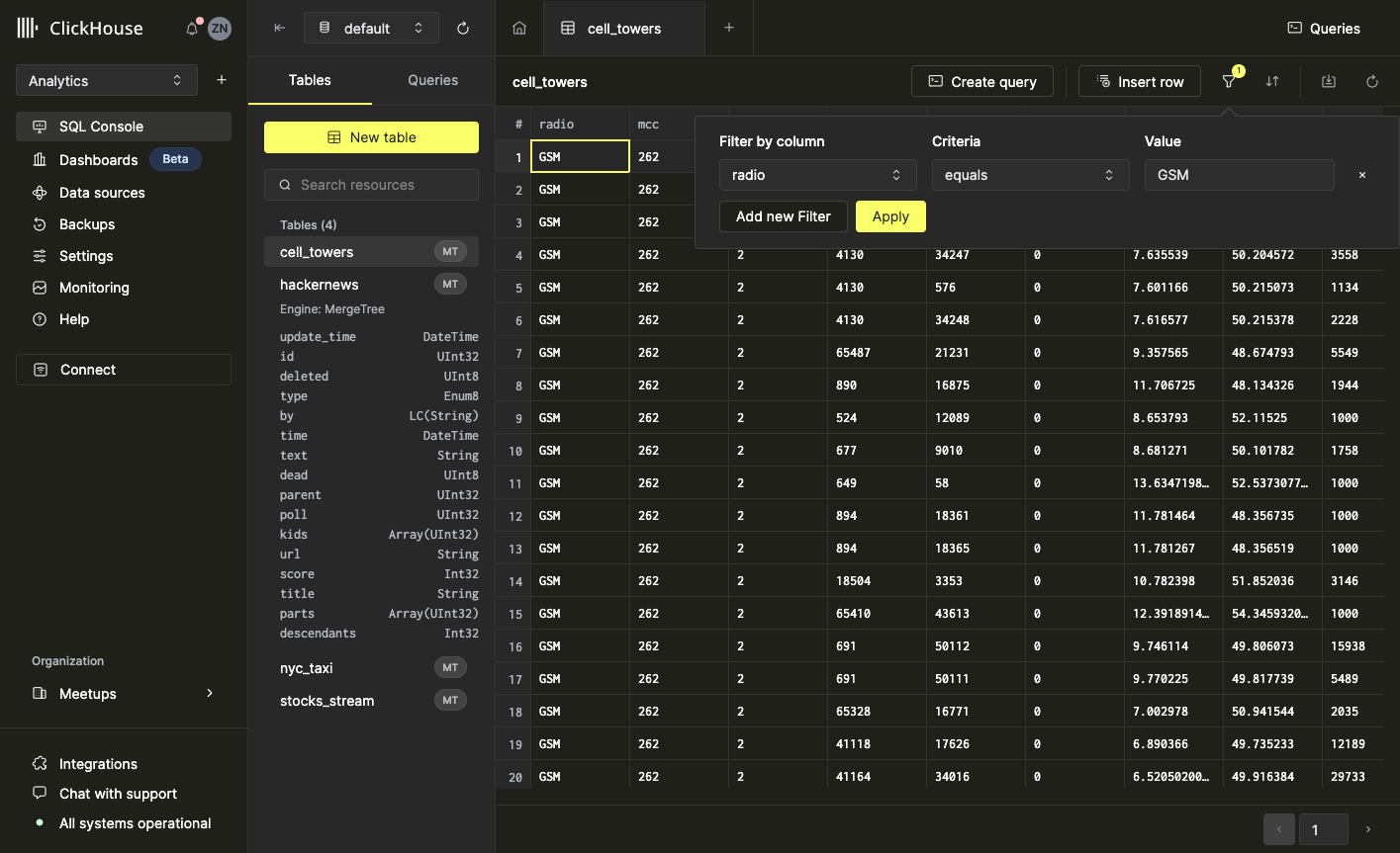 radio 컬럼에서 GSM과 같은 값으로 필터링