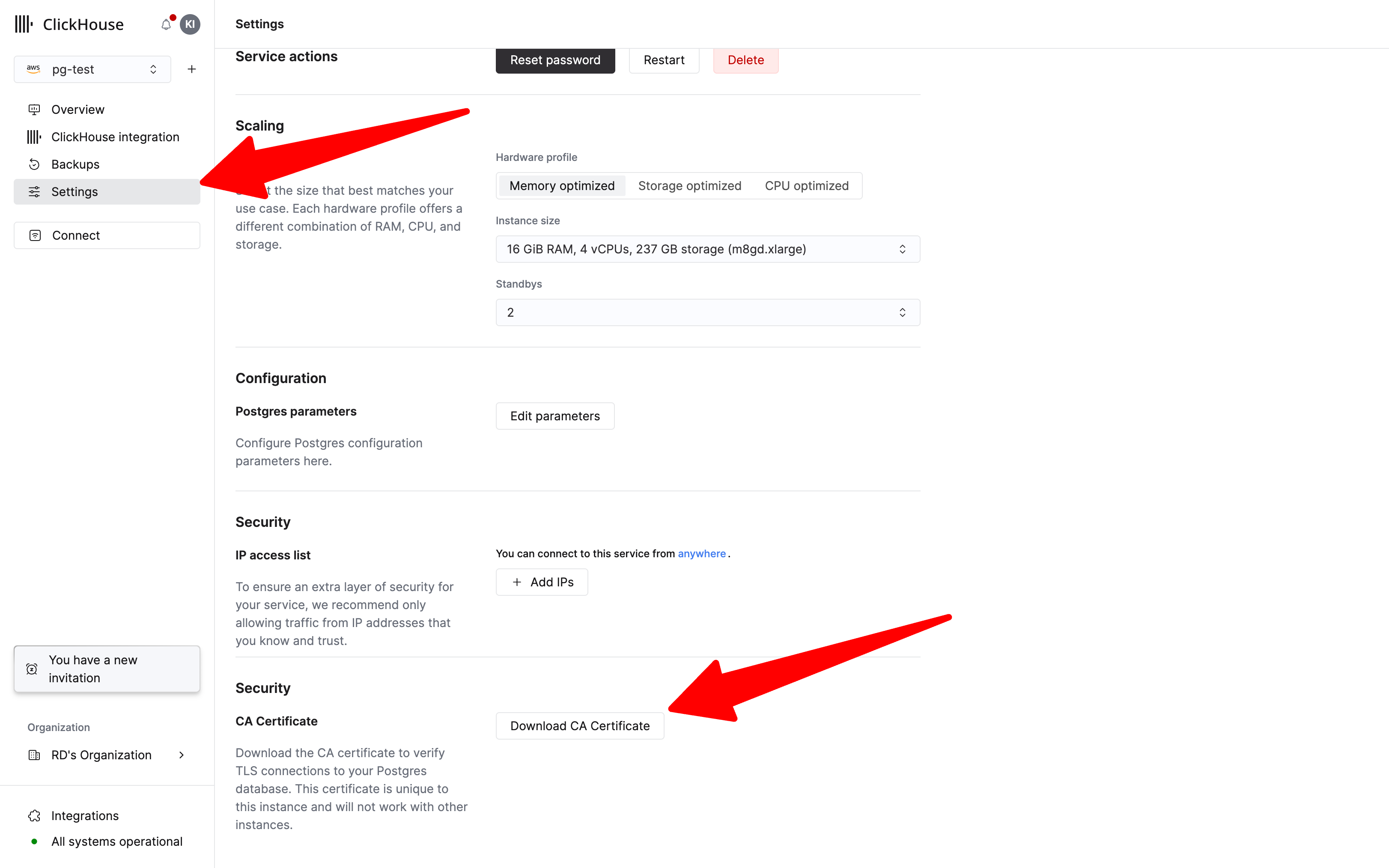 Settings 탭에서 CA 인증서 다운로드